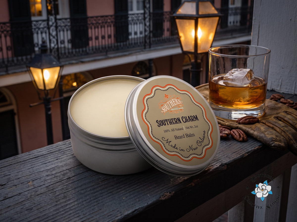 Southern Charm beard balm close-up, open tin with leaning lid beside a glass of bourbon on a New Orleans balcony rail
