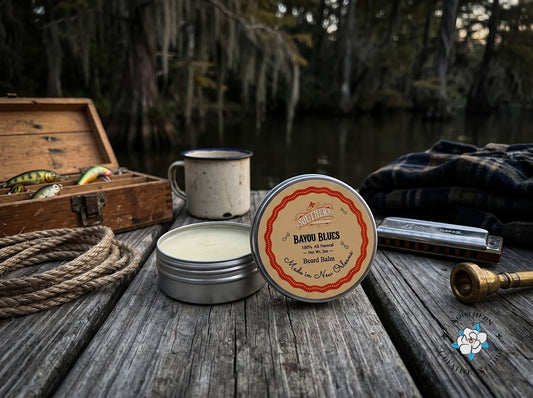 Bayou Blues beard balm by Southern Creative Studio, open tin and lid with a Louisiana bayou dock with fishing tackle, rope, harmonica and a trumpet mouthpiece