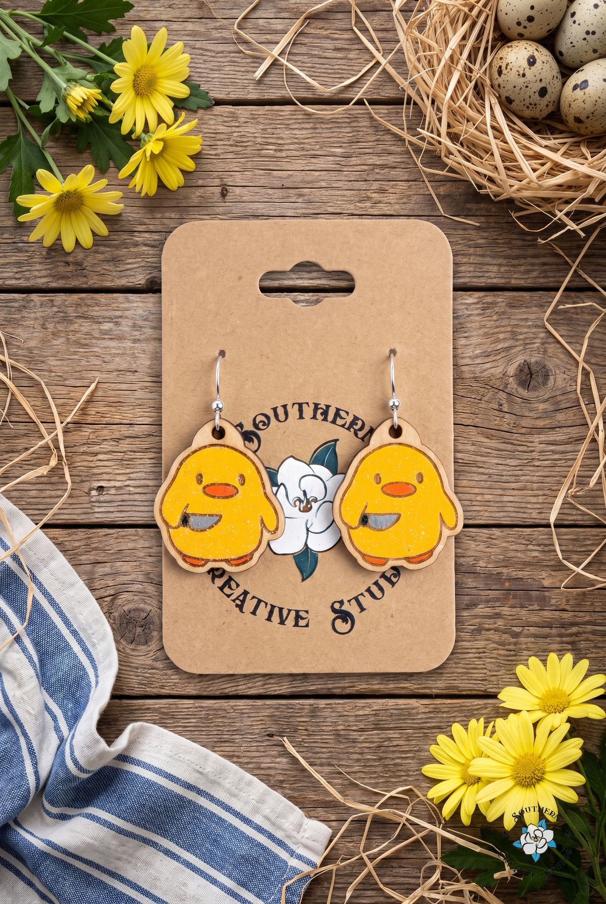 Flat lay of duck with knife earrings on SCS card with eggs, daisies and blue-striped linen