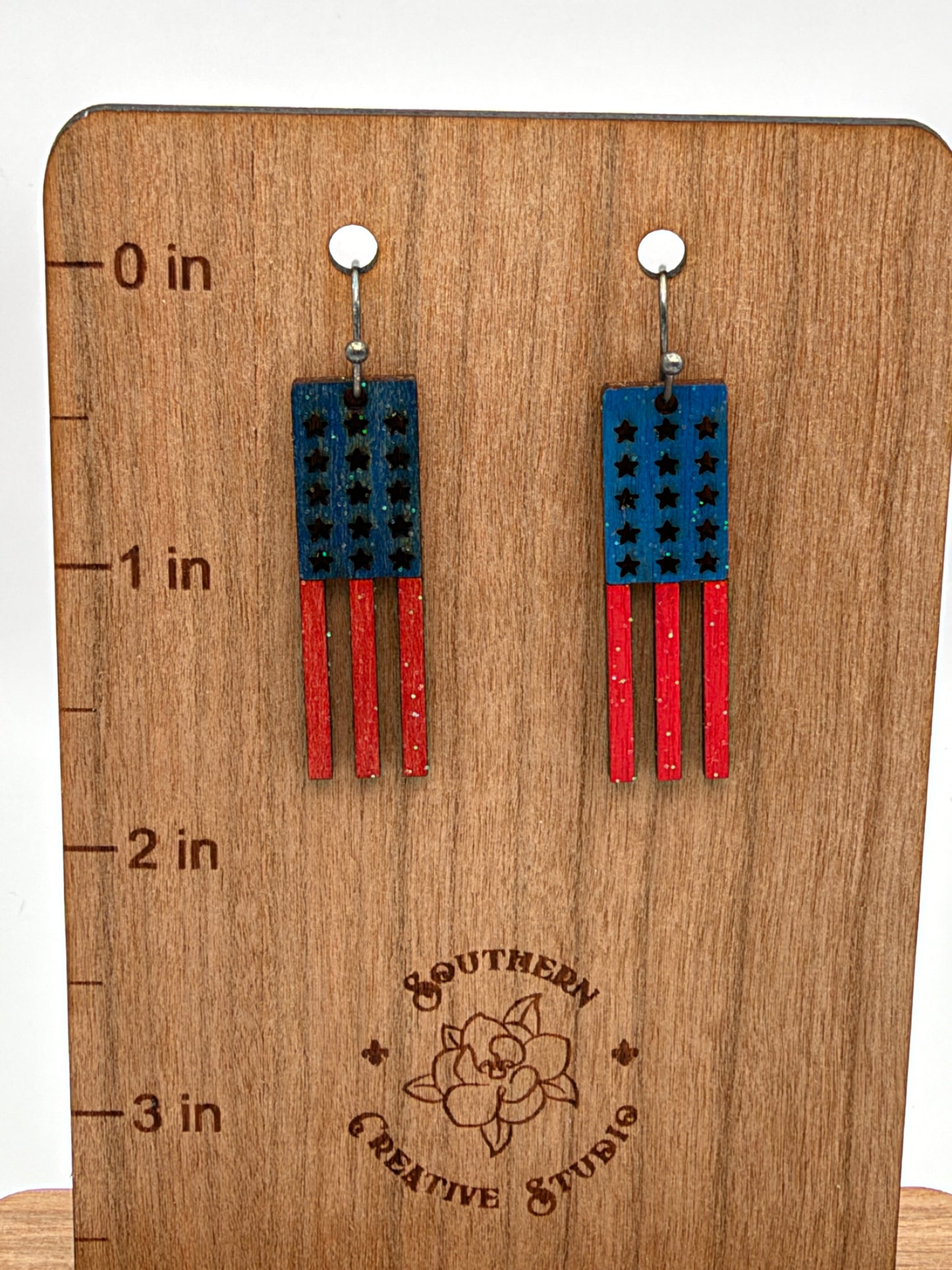 USA Flag Fringe Earrings on Southern Creative Studio wood ruler card – laser-cut hand-painted wood