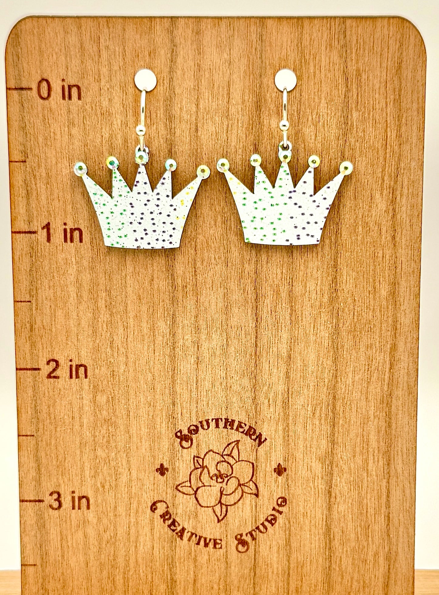 Mardi Gras Crown Earrings, handmade by Southern Creative Studio in New Orleans – alternate angle