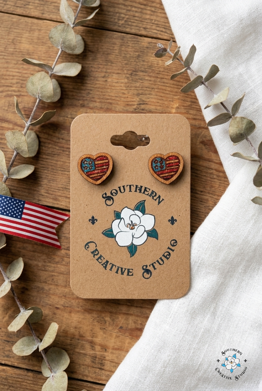 Flat lay moodboard of American Flag Heart hand-painted wood stud earrings on Southern Creative Studio card