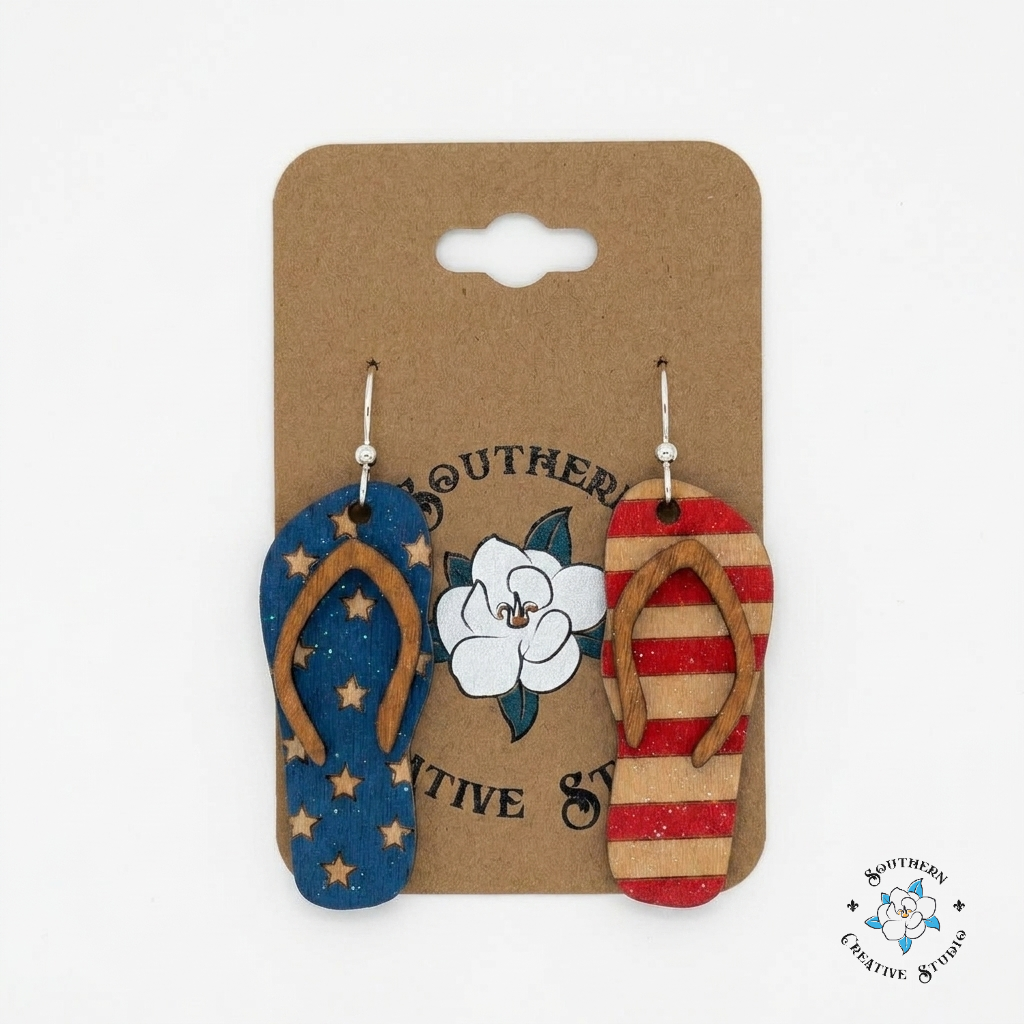 USA Flip Flop Earrings on Southern Creative Studio card – mix and match hand-painted wood