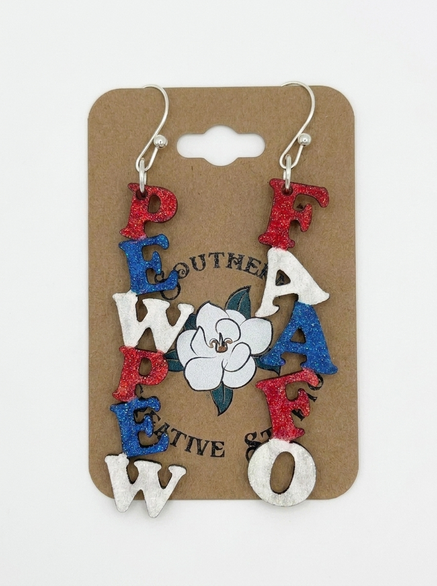 PEWPEW FAAFO Earrings on Southern Creative Studio card – hand-painted glitter wood