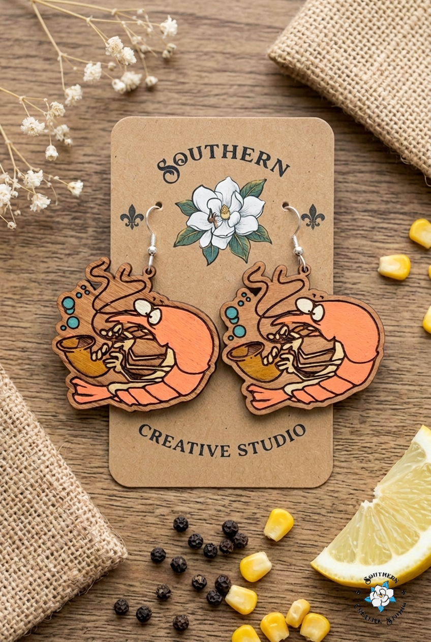 Flat lay moodboard of Silly Shrimp hand-painted wood earrings on Southern Creative Studio card