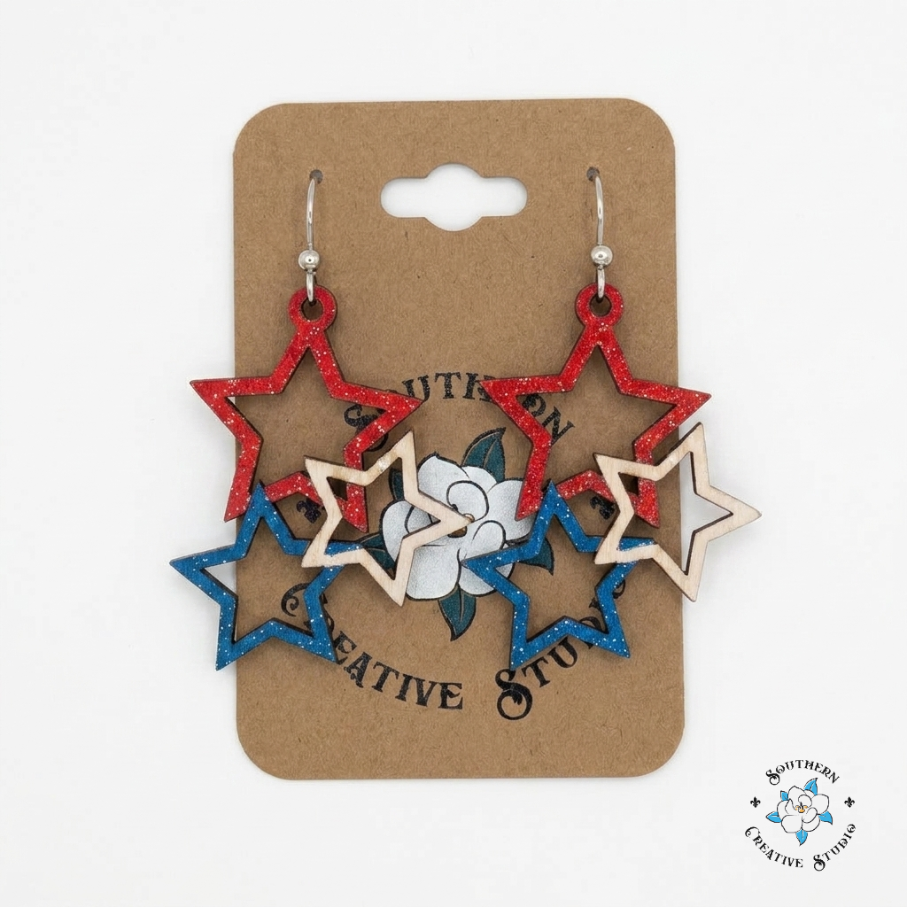 Red White & Blue Star Cluster Earrings on Southern Creative Studio card – hand-painted wood