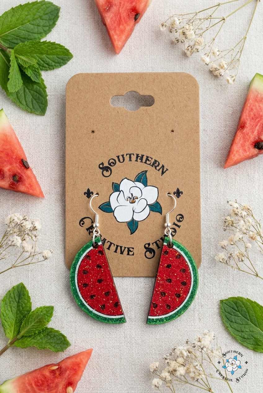 Flat lay moodboard of Watermelon Slice hand-painted wood earrings on Southern Creative Studio card