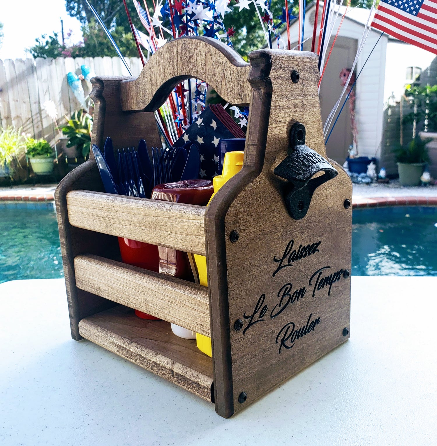 Handmade wood tote with built-in bottle opener