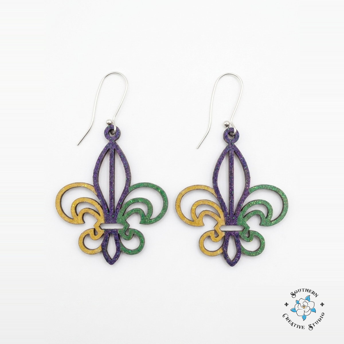 Mardi Gras fleur-de-lis hand-painted wood earrings