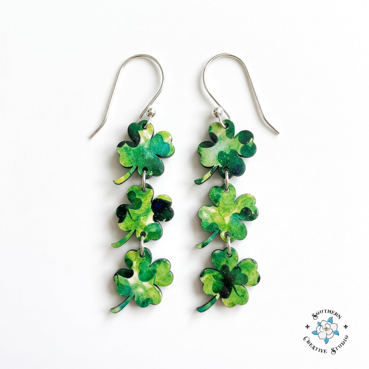 Four leaf clover hand-painted wood St. Patrick's Day earrings