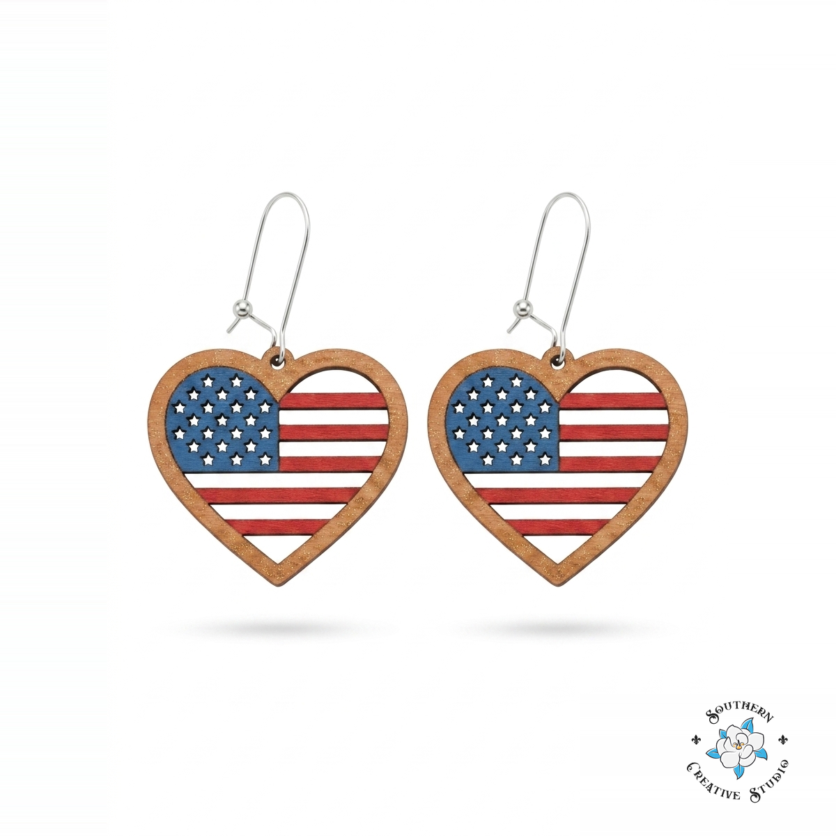 American flag heart hand-painted wood 4th of July earrings