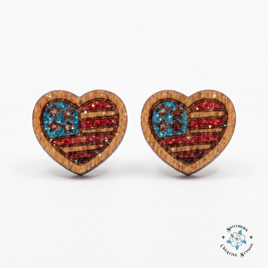 American Flag Heart Stud Earrings, hand-painted wood flag studs on white background