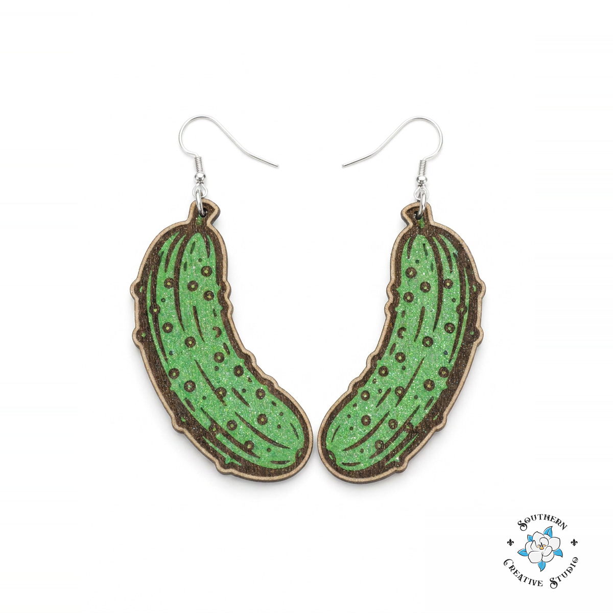 Pickle Earrings hand-painted wood earrings on white background – Southern Creative Studio