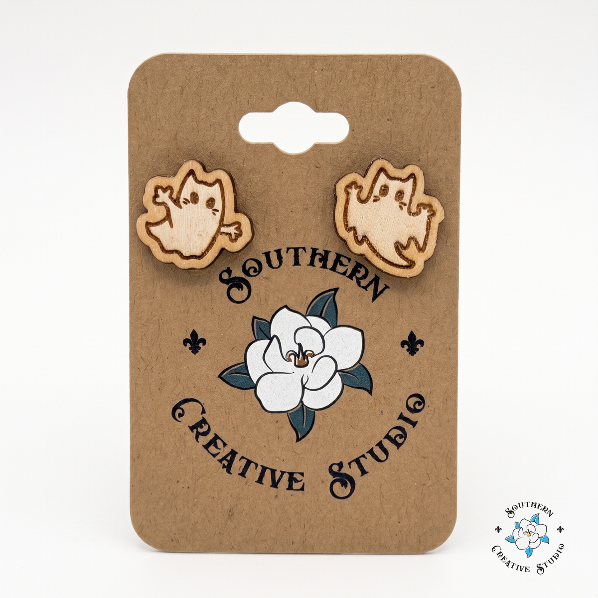 Ghost cat wood stud earrings on Southern Creative Studio hang card