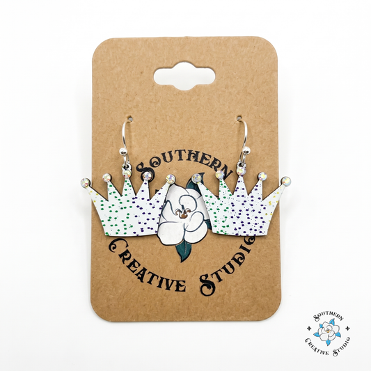 Mardi Gras crown earrings on Southern Creative Studio hang card
