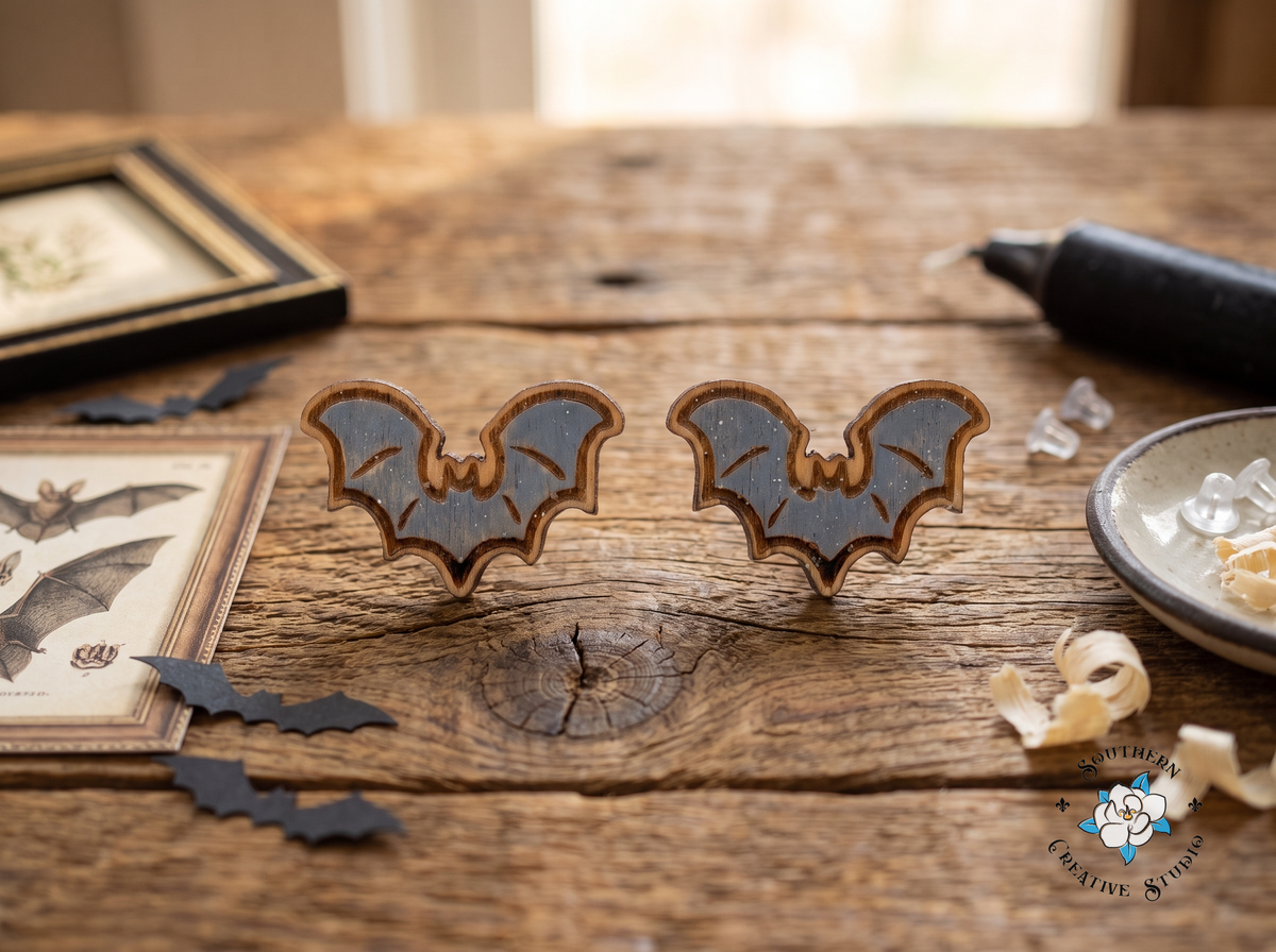 Gray bat wood stud earrings with vintage bat print and paper bats on rustic table