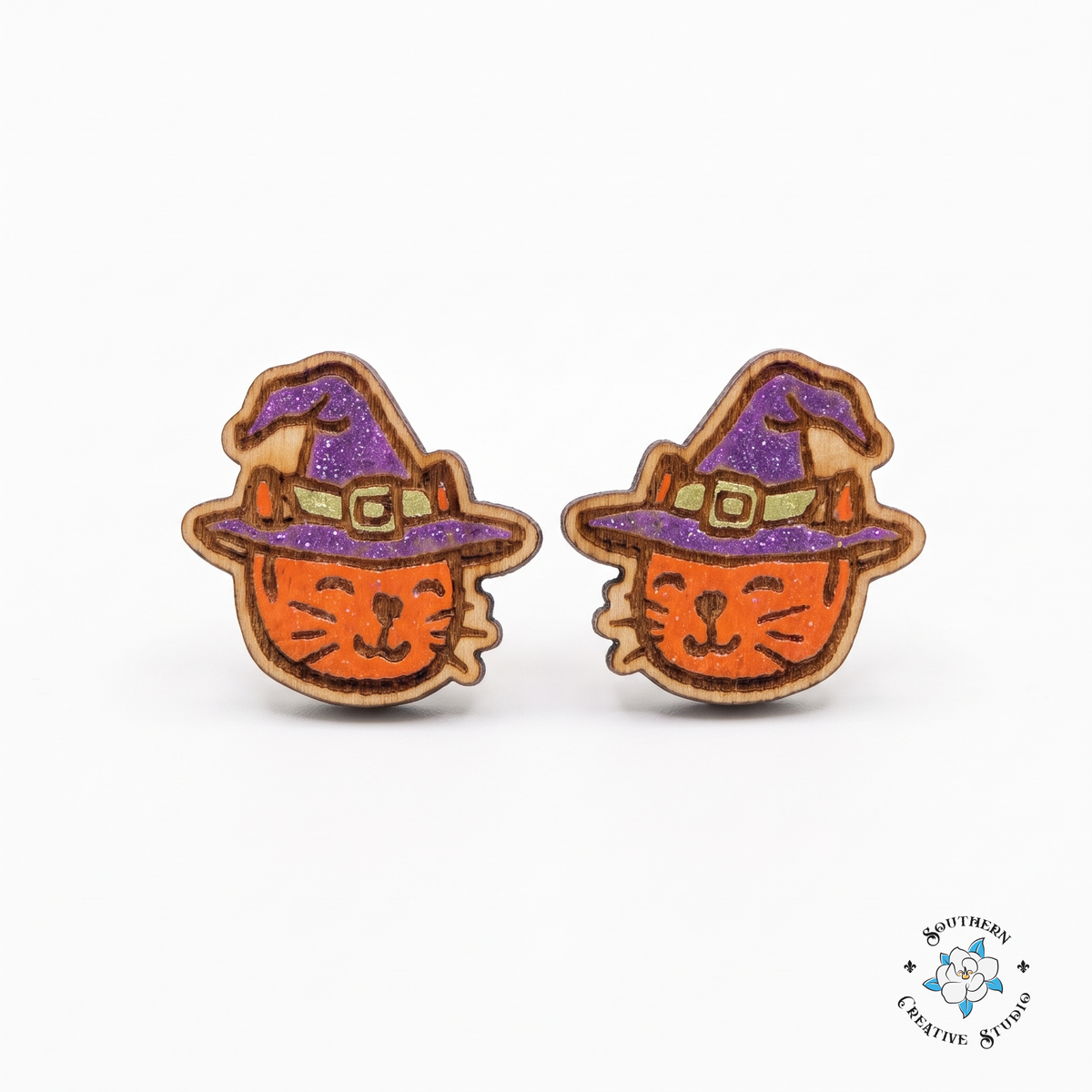 Witch cat stud earrings – orange cat in purple witch hat, hand-painted wood