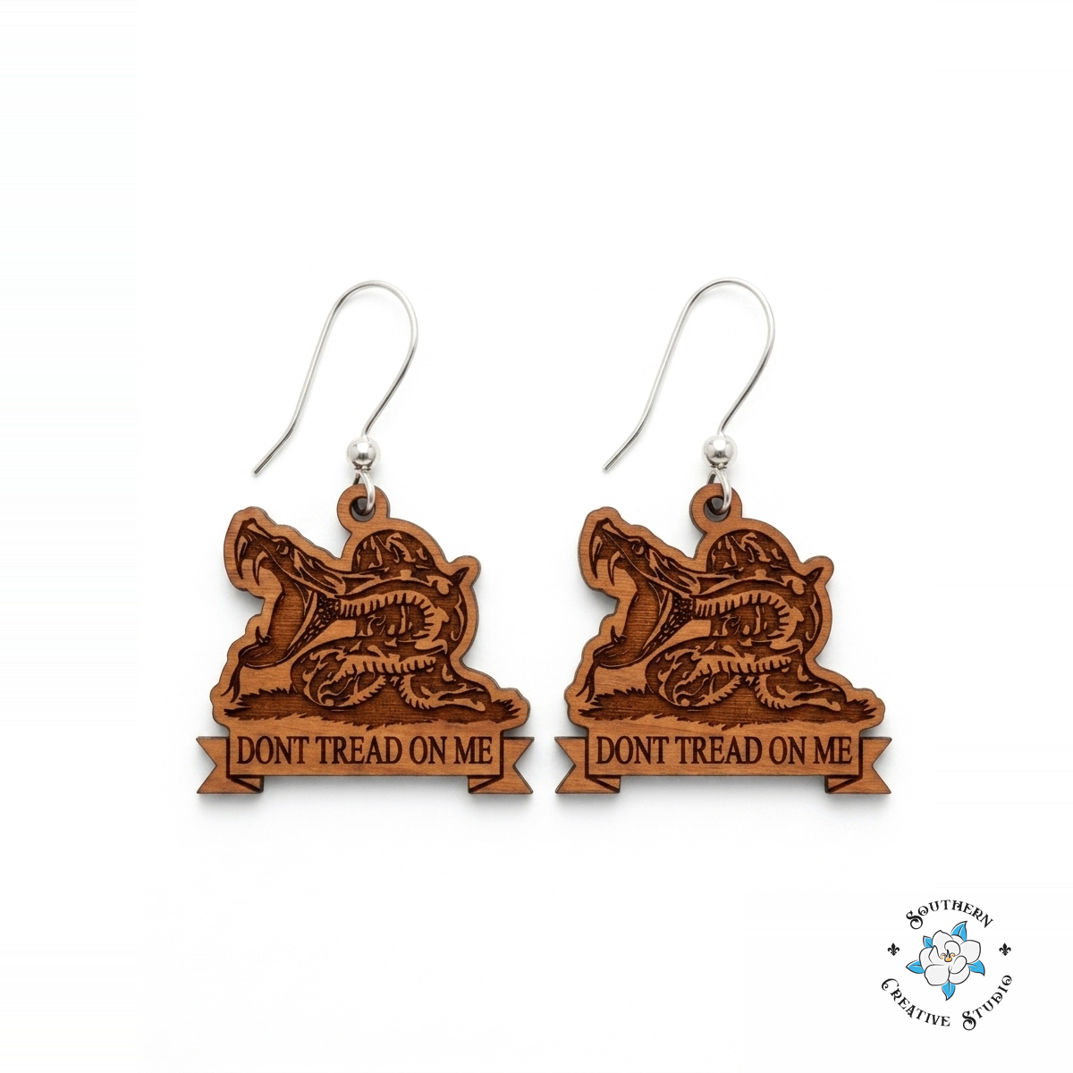 Don't Tread On Me Snake Earrings hand-painted wood earrings on white background – Southern Creative Studio