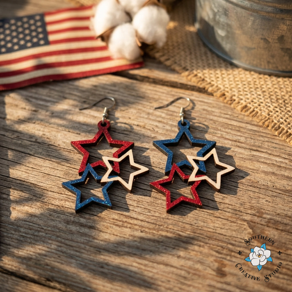 Red White & Blue Star Cluster Earrings flat lay – patriotic glitter jewelry