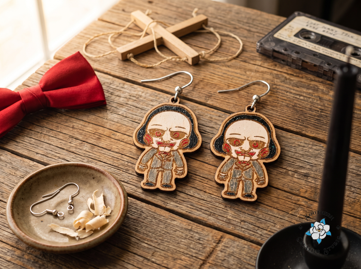 Creepy puppet wood earrings on rustic table with red bow tie, marionette control bar and cassette tape