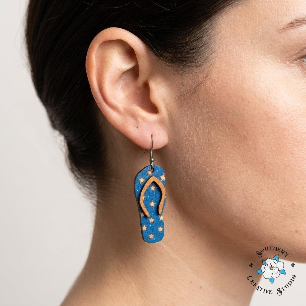 USA Flip Flop Earrings close-up on ear – Southern Creative Studio