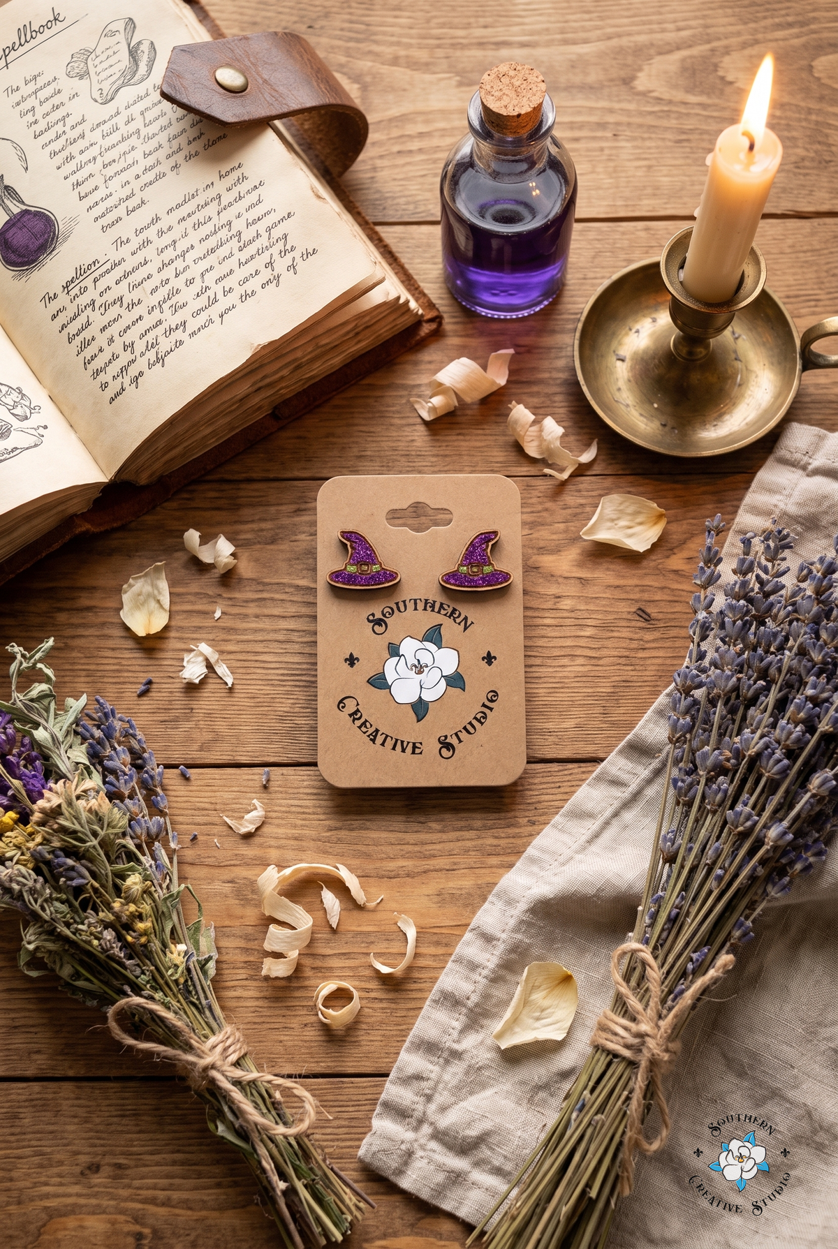 Witch hat stud earrings on card flat lay with spellbook, lavender and candle