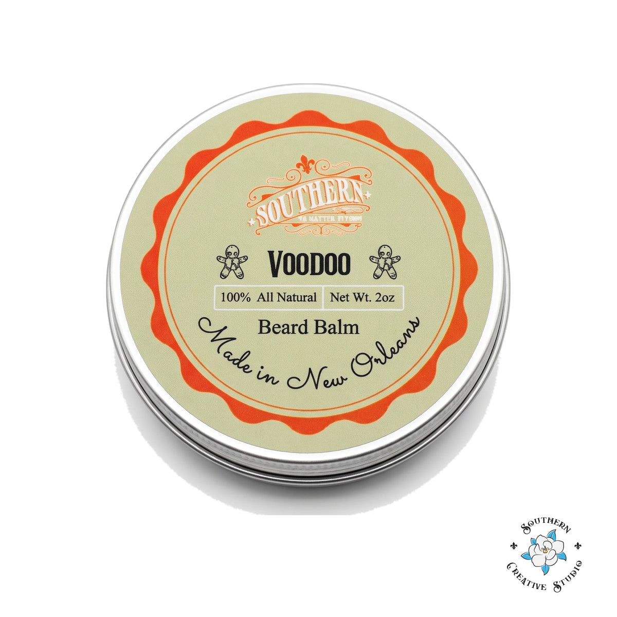 Voodoo beard balm 2 oz tin with lid on, white background