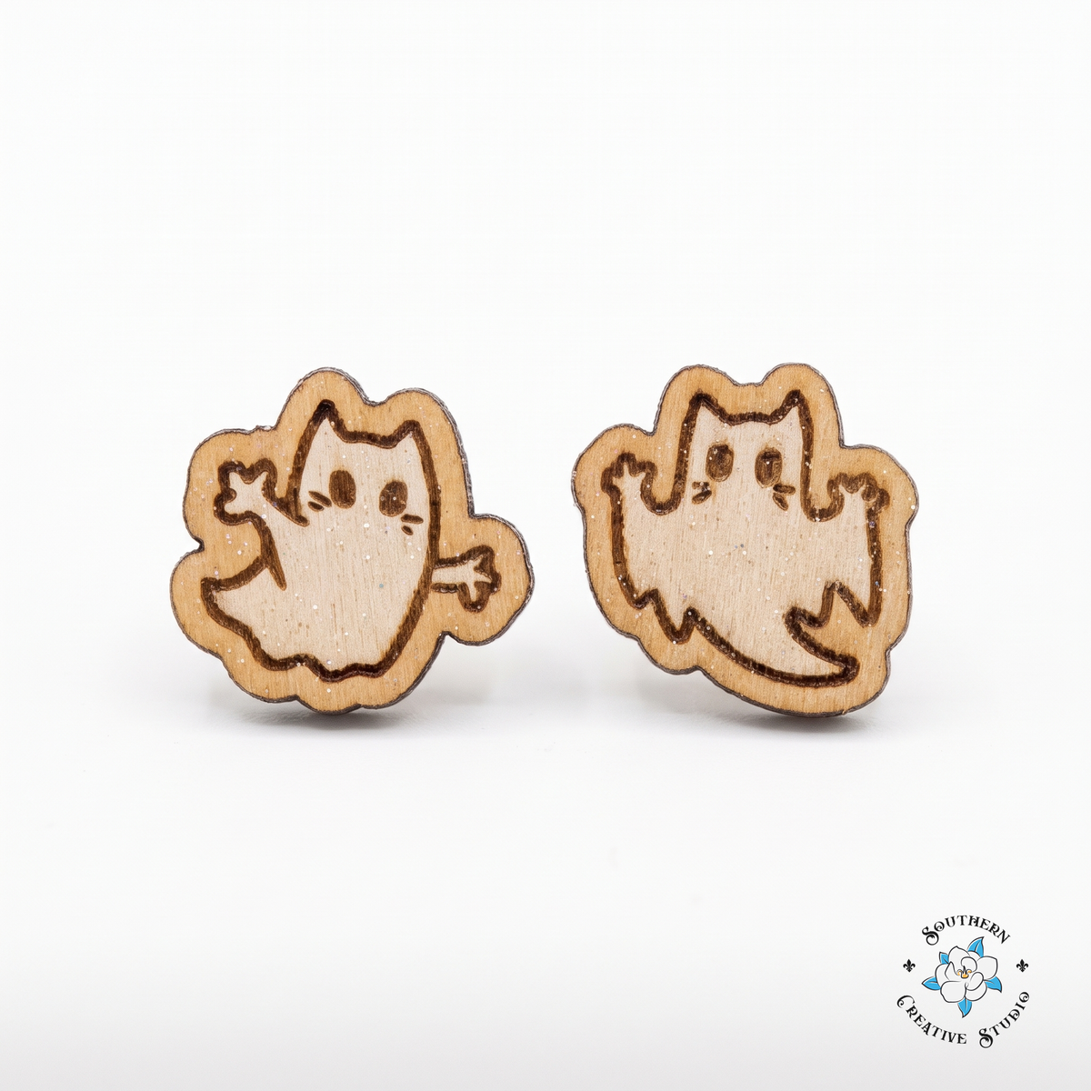 Mix and match wood ghost cat stud earrings on white background