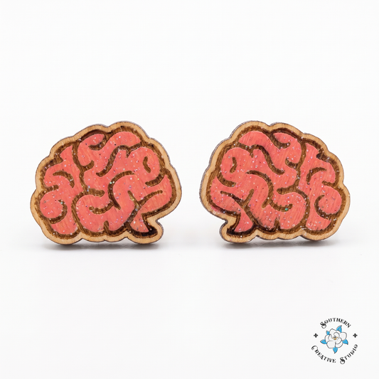Pink brain stud earrings, hand-painted wood, on white background