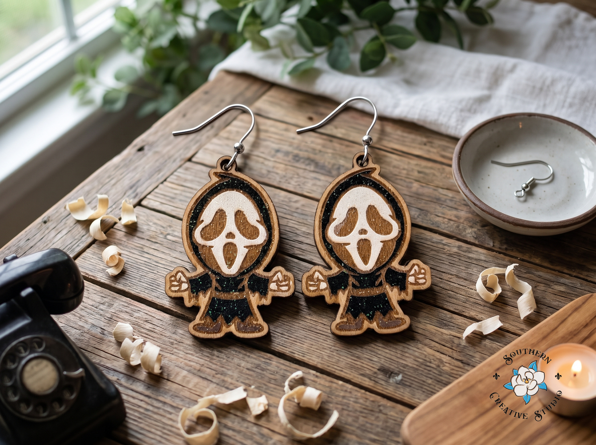 Ghost mask earrings on rustic wood table with vintage telephone and candle