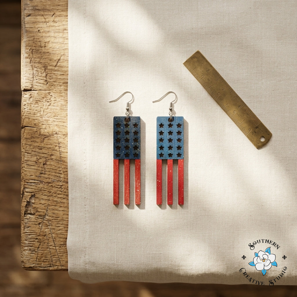 USA Flag Fringe Earrings hand-painted wood – Southern Creative Studio flat lay
