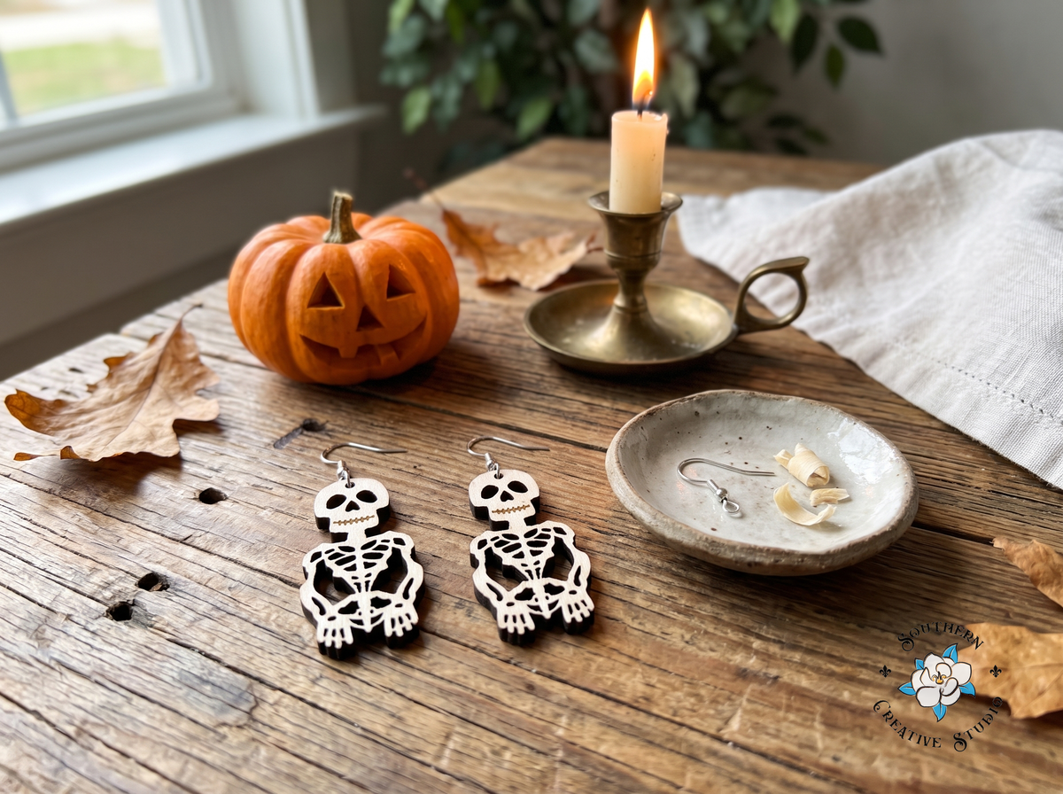 Handmade skeleton earrings on rustic wood table with pumpkin and candle