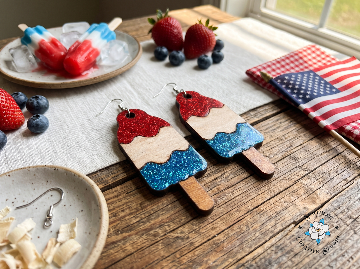 Bomb pop popsicle earrings with red, white and blue popsicles, berries and mini flag on rustic wood