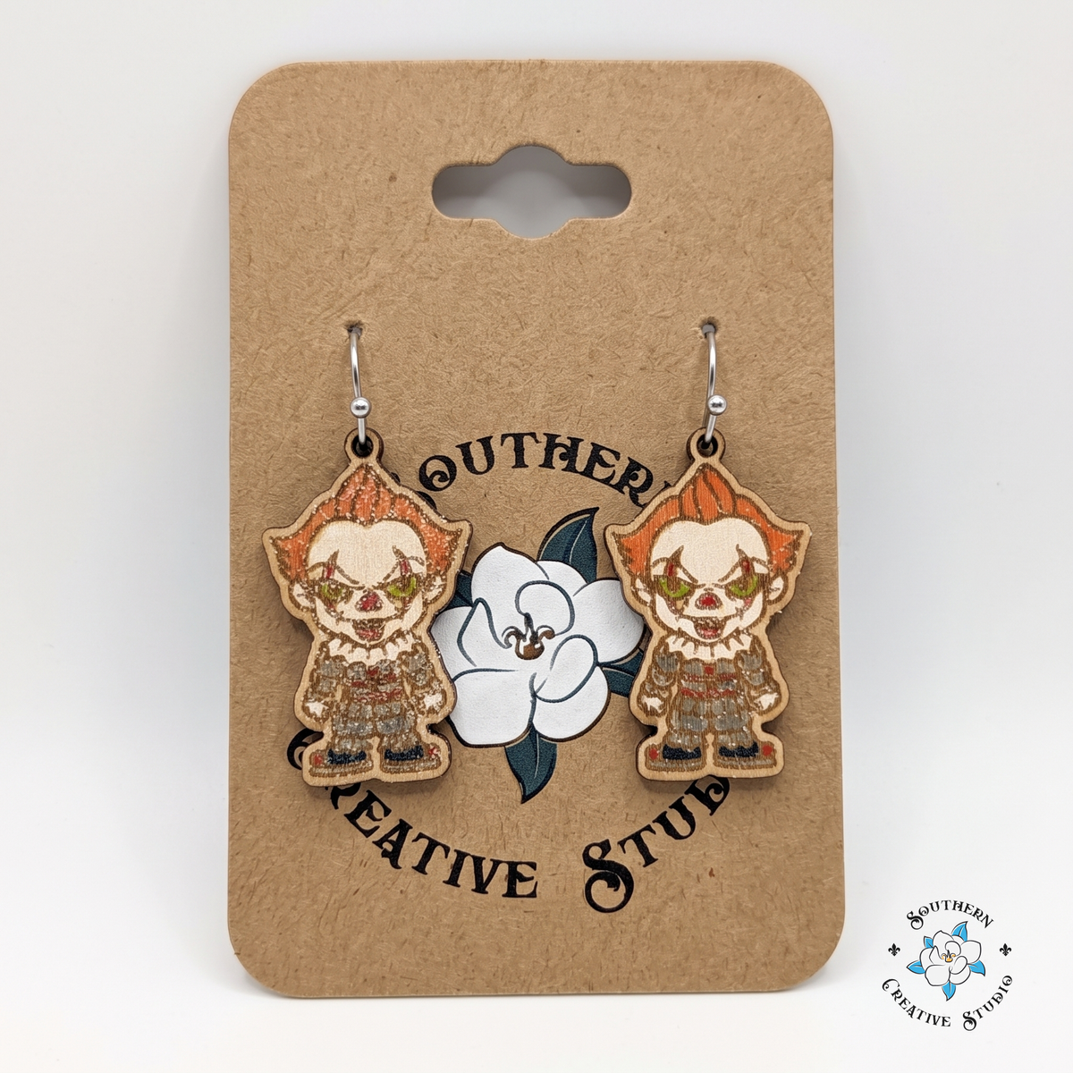 Creepy clown earrings on Southern Creative Studio magnolia hang card
