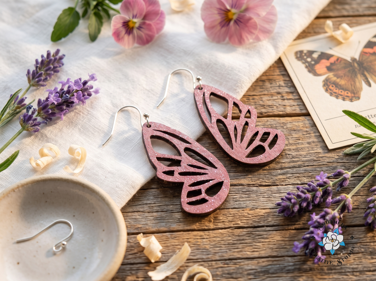 Pink butterfly wing earrings with lavender, pansies and butterfly specimen card on rustic wood