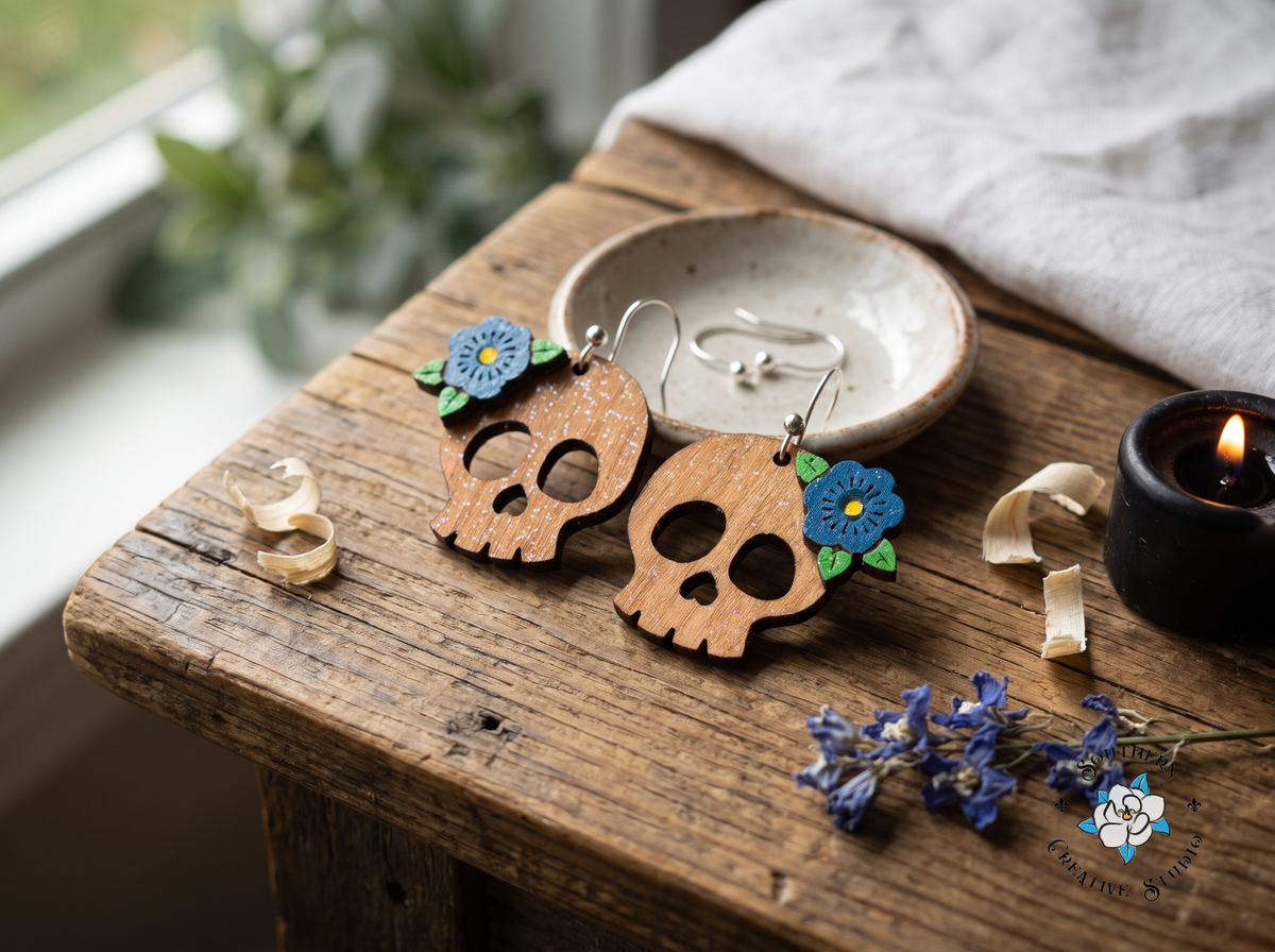 Handmade gothic skull earrings with blue flower styled on rustic wood with candle and dried larkspur