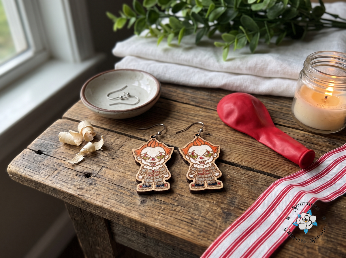 Creepy clown earrings on rustic wood table with red balloon, striped fabric and candle