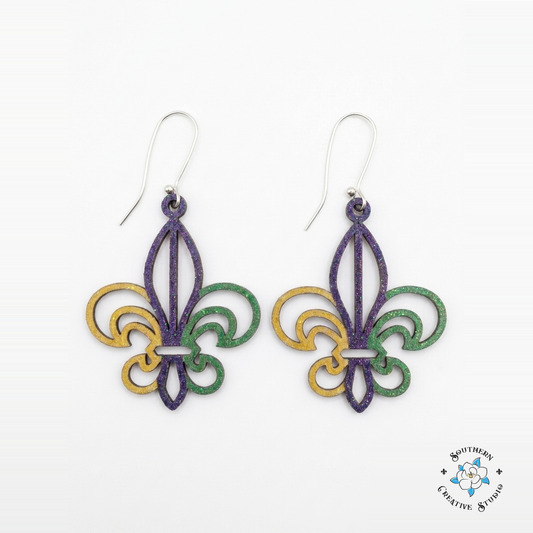 Mardi Gras Fleur-de-Lis Earrings hand-painted wood earrings on white background – Southern Creative Studio