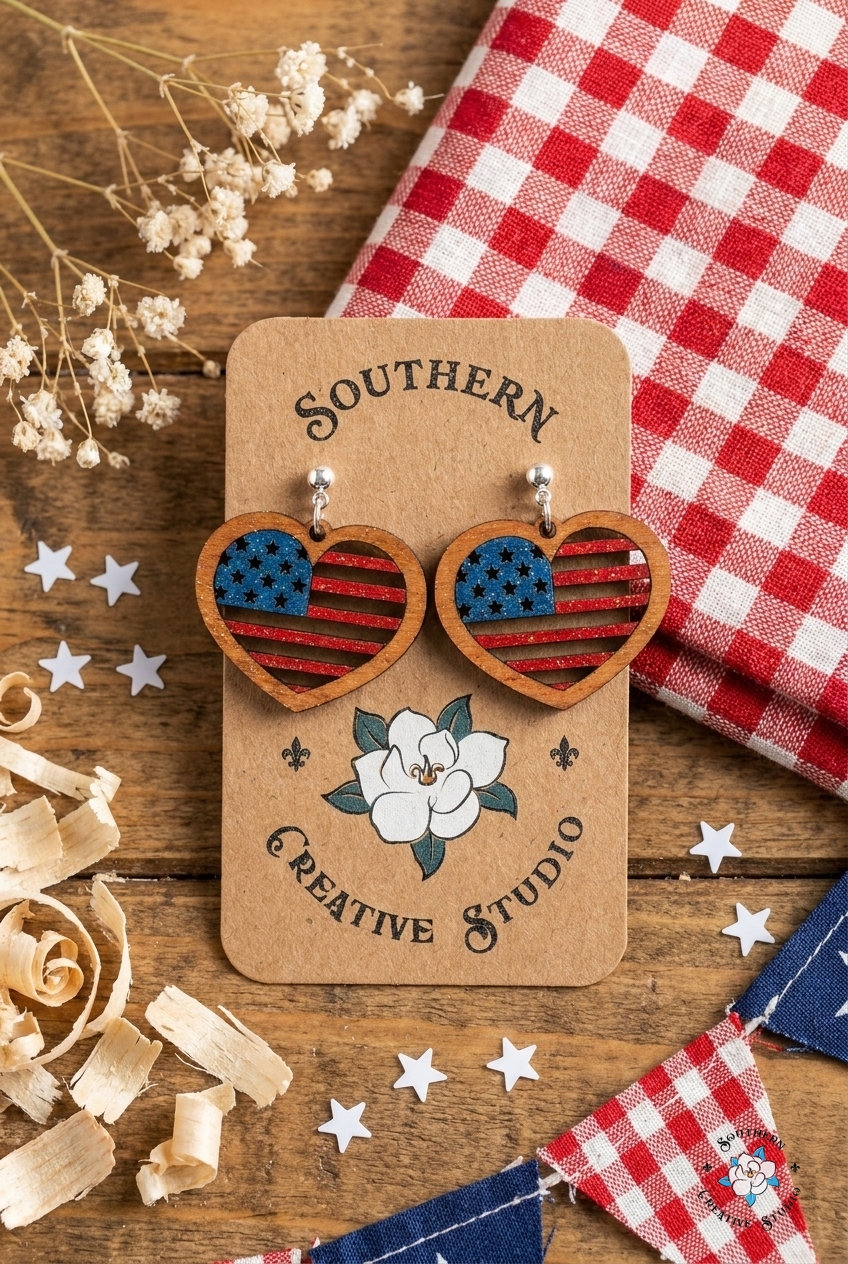 4th of July American flag heart earrings flat lay with patriotic props