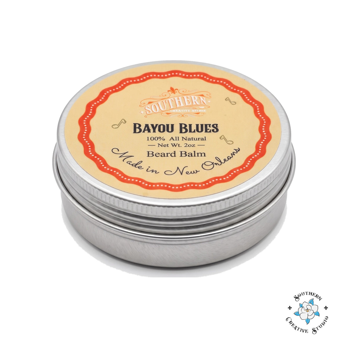 Bayou Blues beard balm 2 oz tin with lid on, white background