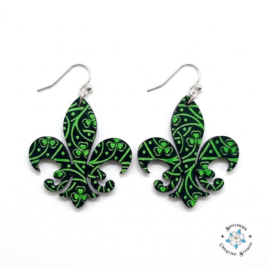 St. Patrick's Celtic knot fleur-de-lis clover earrings on white