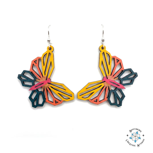 Sunset geometric butterfly earrings, open see-through yellow, coral and teal layered hand-painted wood dangles on white background