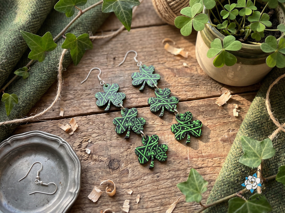 Celtic knot shamrock dangle earrings styled with tweed, ivy and shamrocks