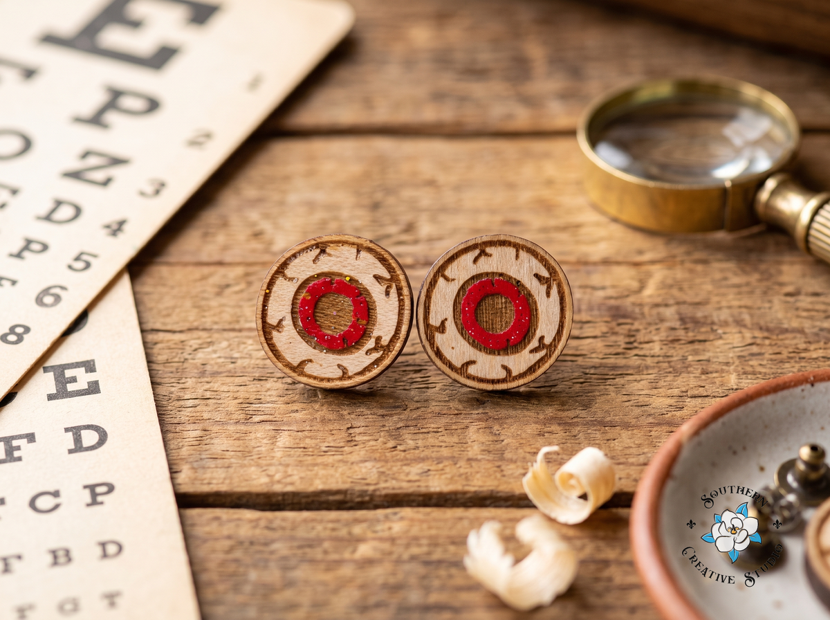 Red eyeball wood stud earrings with eye chart and magnifying glass