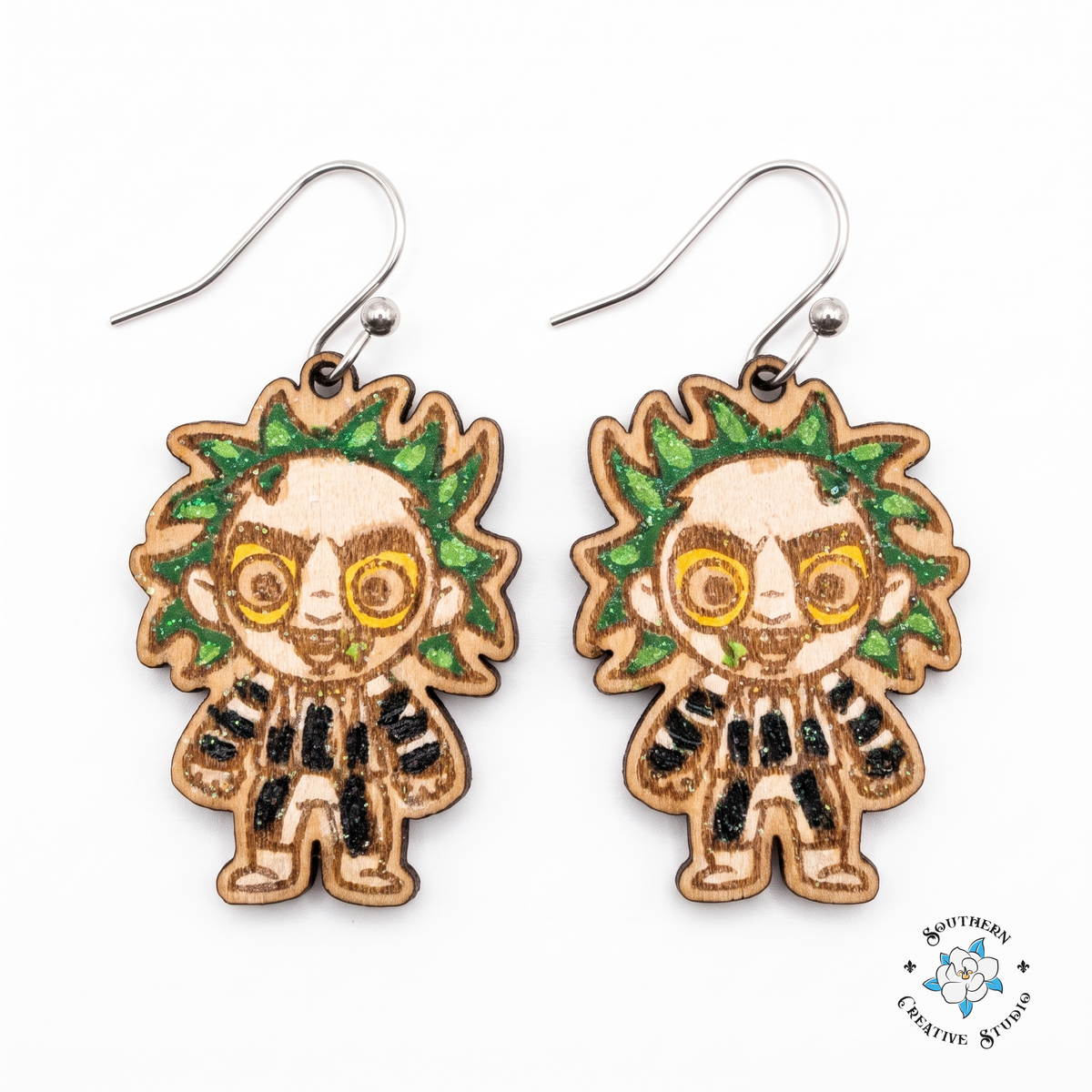 Hand-painted wood green-haired striped suit ghoul dangle earrings on white background