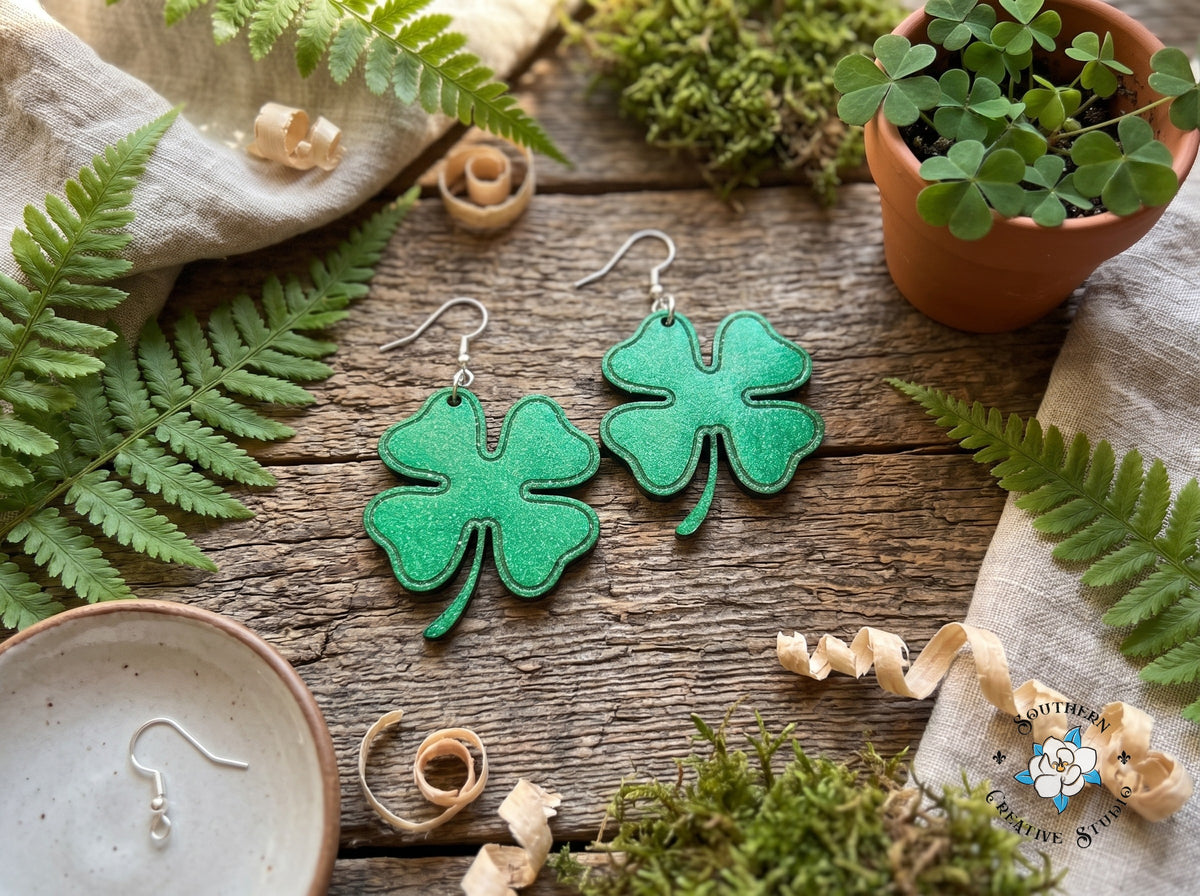 Four leaf clover earrings styled with ferns, moss and shamrocks