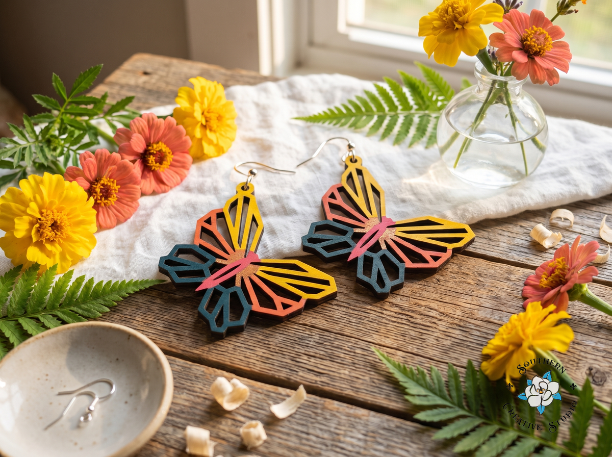 Sunset geometric butterfly earrings with marigolds, coral zinnias and ferns on rustic wood and linen