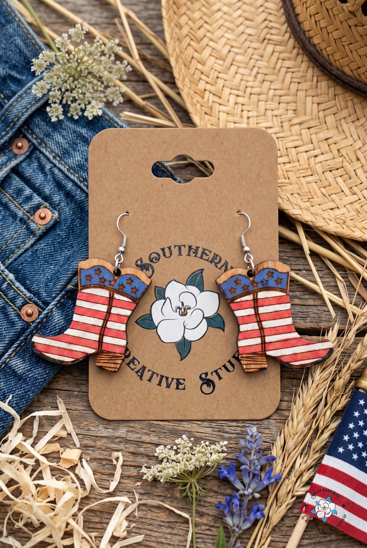American flag cowboy boot earrings flat lay with straw hat and denim on kraft card