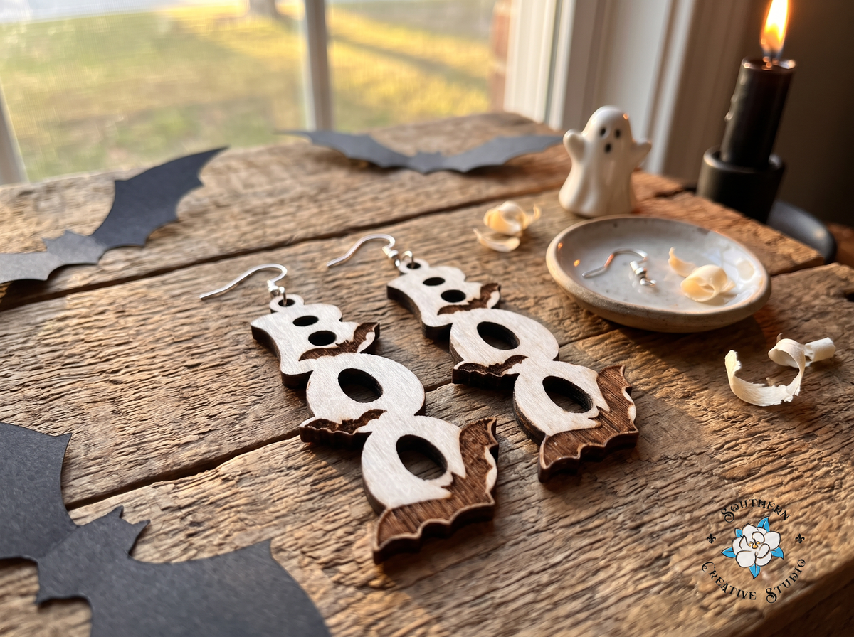 Stacked BOO bat wood dangle earrings with paper bats, ghost and candle on rustic table
