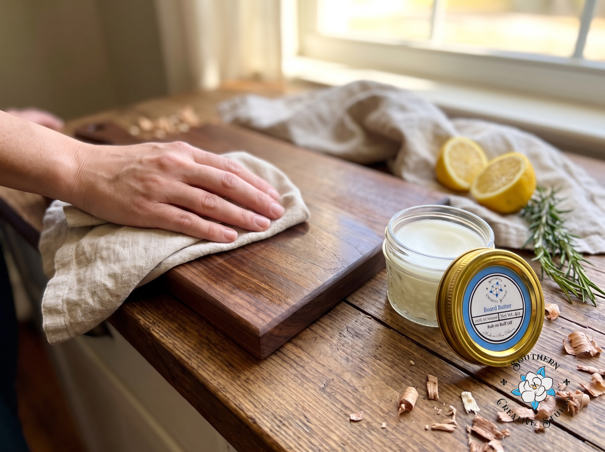 Buffing a walnut cutting board with Board Butter wood conditioner and a linen cloth